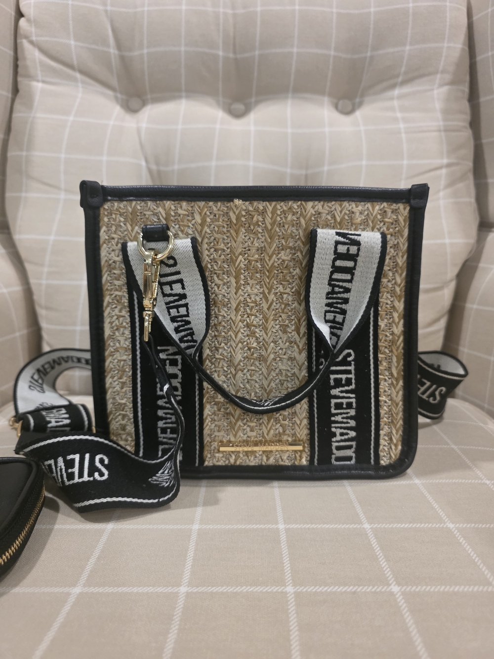 Steve Madden Straw Crossbody Bag with Black Trim and White Logo Strap